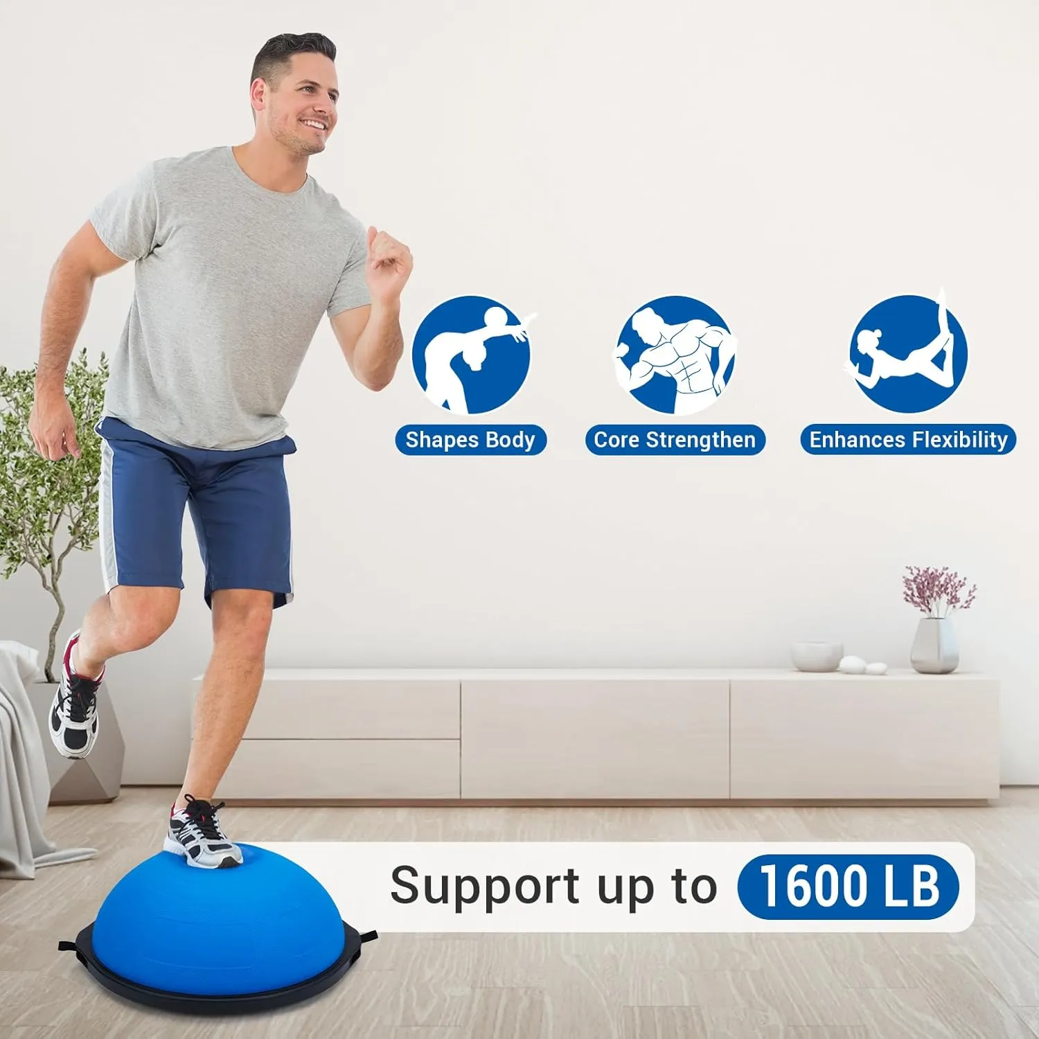 23/25in Balance Ball, 1600 lbs Half Exercise Ball with Nonslip Base, Inflatable Half Ball Balance Trainer, Stability Half Yoga Ball Strength Training Equipment with 2 Bands, Pump, Extra Ball Included,