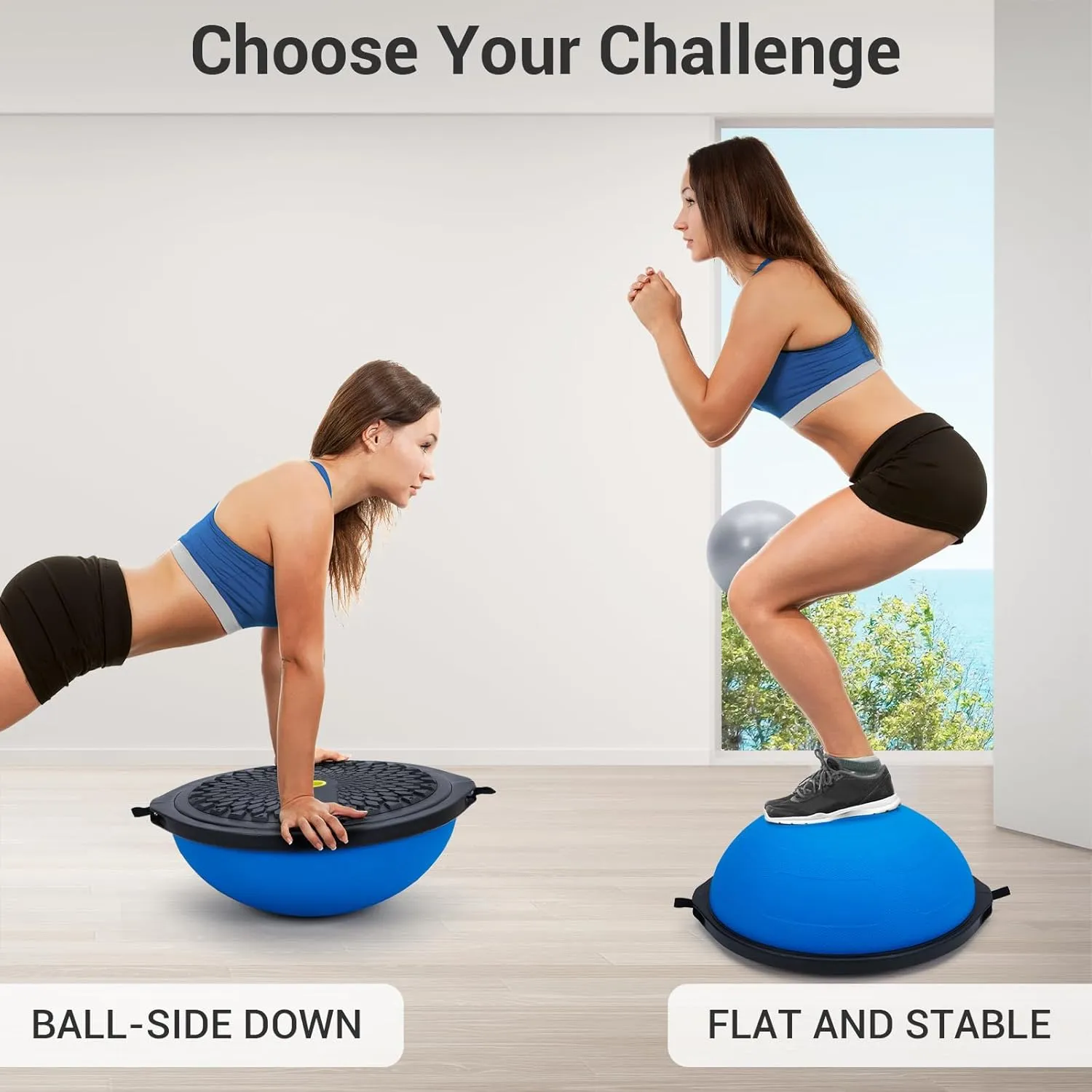 23/25in Balance Ball, 1600 lbs Half Exercise Ball with Nonslip Base, Inflatable Half Ball Balance Trainer, Stability Half Yoga Ball Strength Training Equipment with 2 Bands, Pump, Extra Ball Included,