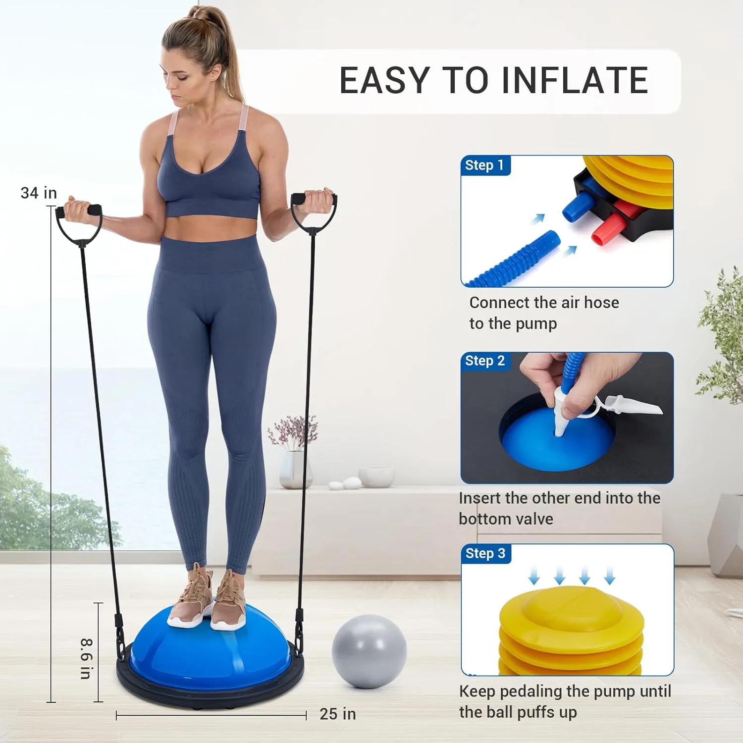 23/25in Balance Ball, 1600 lbs Half Exercise Ball with Nonslip Base, Inflatable Half Ball Balance Trainer, Stability Half Yoga Ball Strength Training Equipment with 2 Bands, Pump, Extra Ball Included,
