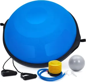 23/25in Balance Ball, 1600 lbs Half Exercise Ball with Nonslip Base, Inflatable Half Ball Balance Trainer, Stability Half Yoga Ball Strength Training Equipment with 2 Bands, Pump, Extra Ball Included,