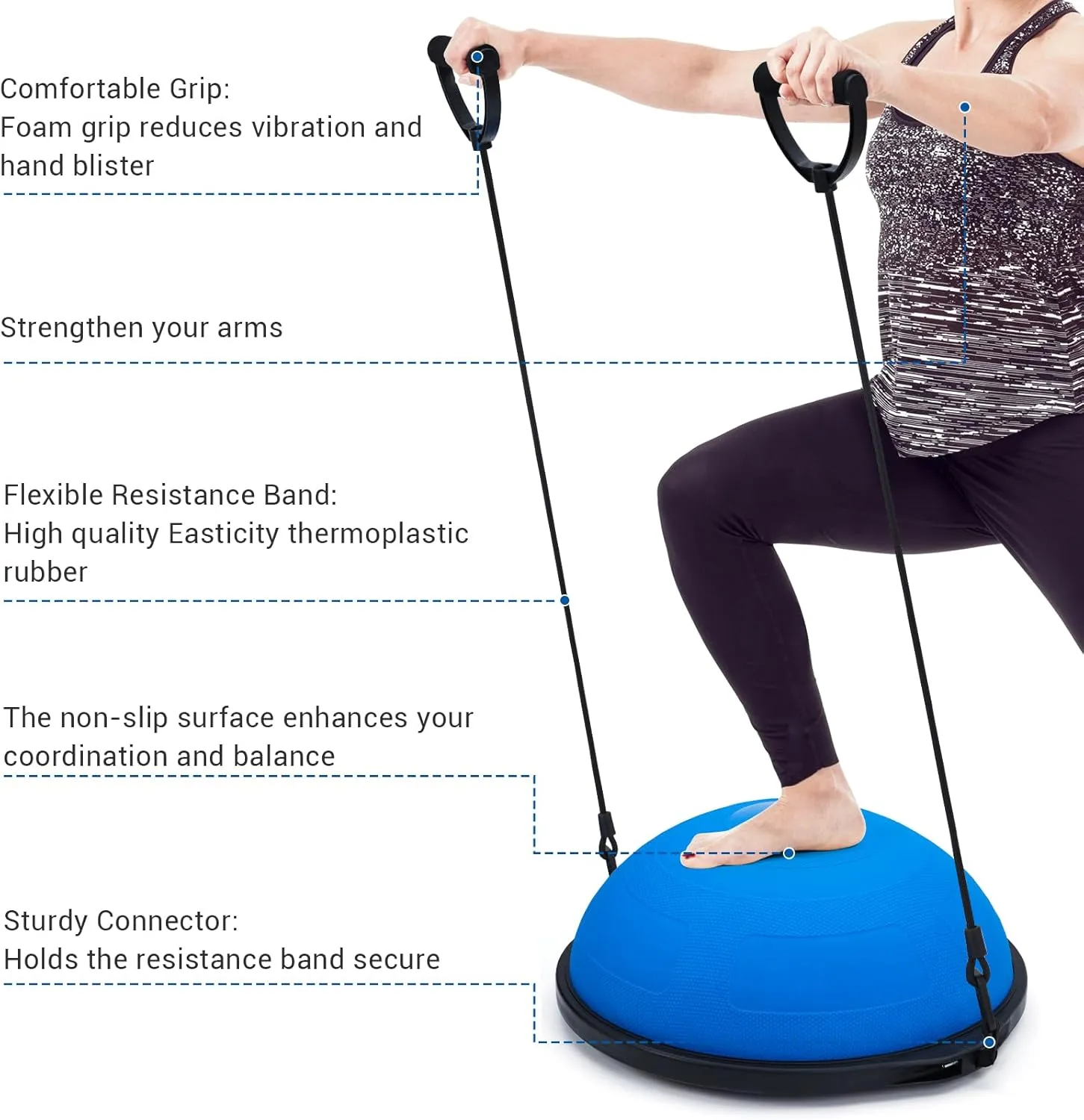 23/25in Balance Ball, 1600 lbs Half Exercise Ball with Nonslip Base, Inflatable Half Ball Balance Trainer, Stability Half Yoga Ball Strength Training Equipment with 2 Bands, Pump, Extra Ball Included,