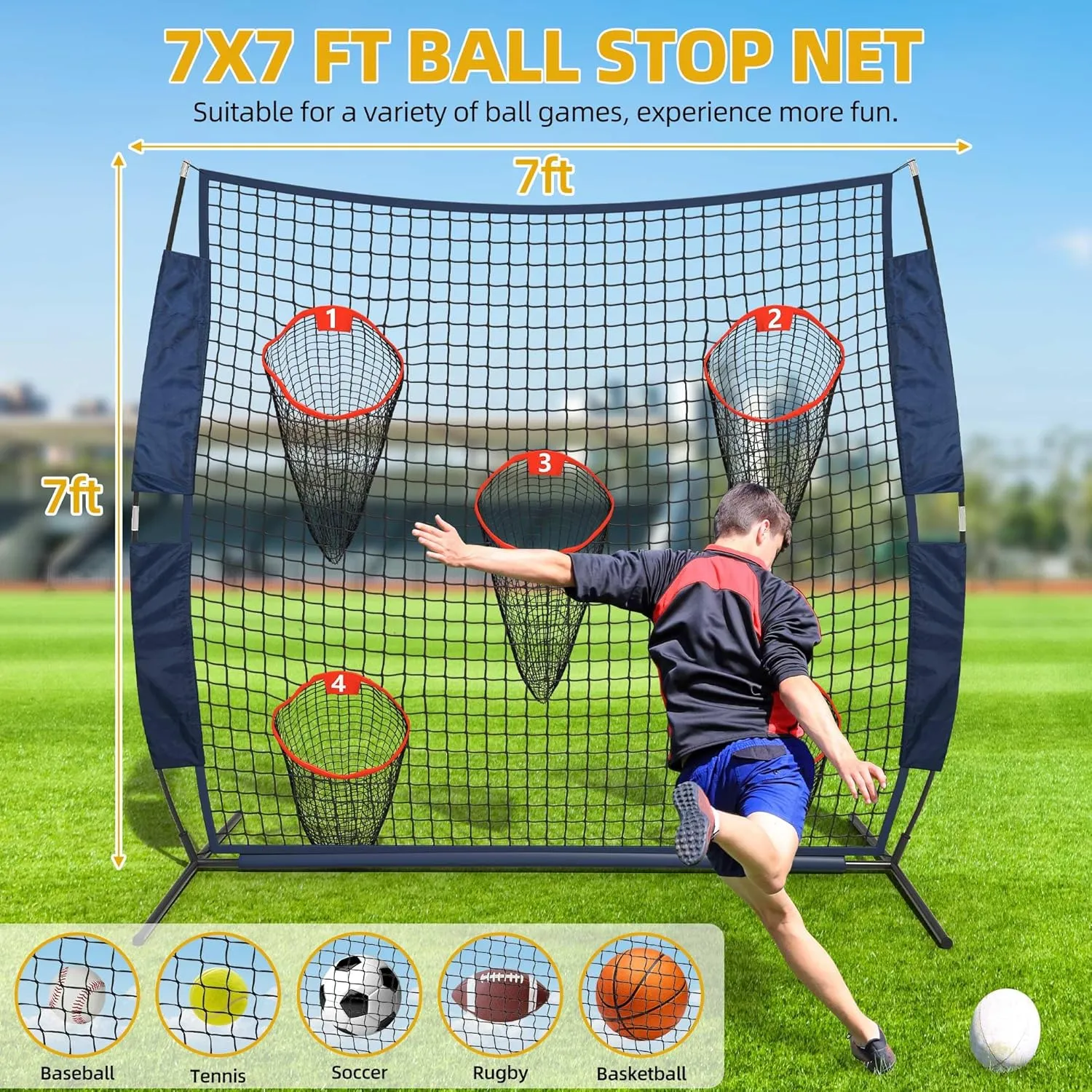 7x7ft/8x8ft Football Throwing Net, Football Nets for Throwing with 5 Target Pockets, Football Throwing Target for Quarterback, Includes Portable Carry Bag, Football Training Practice