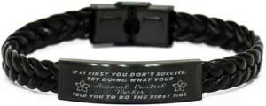 Animal Control Worker Braided Leather Bracelet, If at first you don't succeed, try doing what your athletic trainer told you to do the first time., Laser Engraved, Stainless Steel Wristband