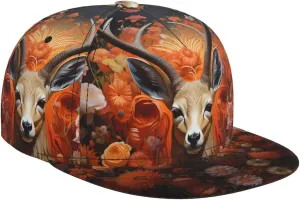 Antelope and Flowers Outdoor Sports Baseball Cap, Daily Sports Adjustable Fashionable Flat Brim hat, Unisex Four-Season Outdoor Sports Cap, Black