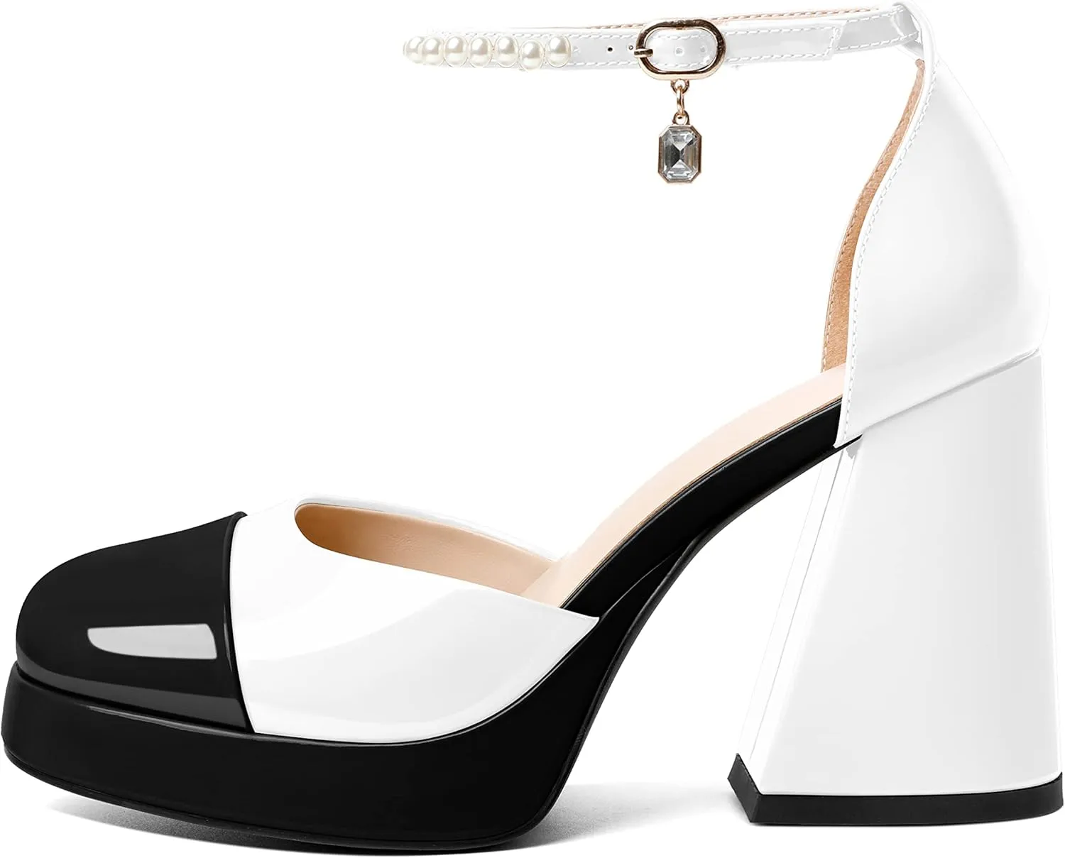 AUMOTED Women Chunky High Heels Platform Block Heels Closed Round Toe Pumps with Pearl Ankle Strap Patent Fashion Ladies Pumps Sandals 4 Inch