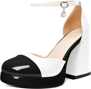 AUMOTED Women Chunky High Heels Platform Block Heels Closed Round Toe Pumps with Pearl Ankle Strap Patent Fashion Ladies Pumps Sandals 4 Inch