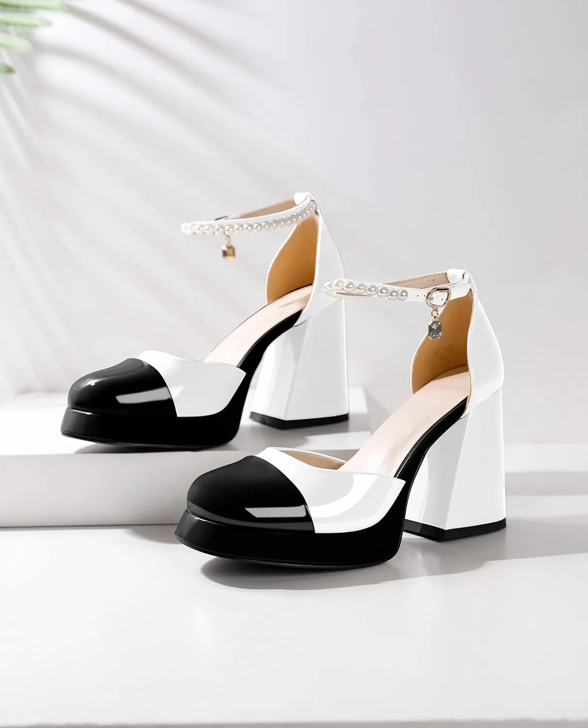 AUMOTED Women Chunky High Heels Platform Block Heels Closed Round Toe Pumps with Pearl Ankle Strap Patent Fashion Ladies Pumps Sandals 4 Inch