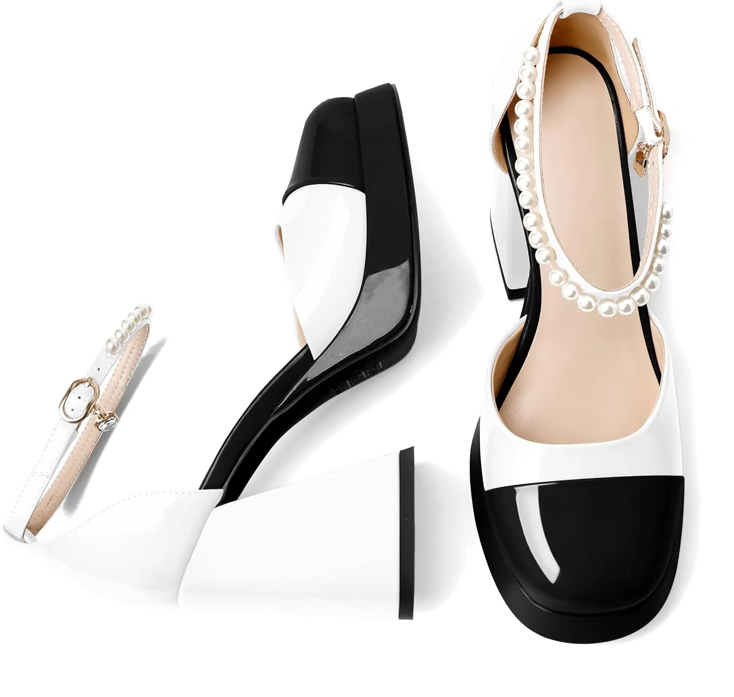 AUMOTED Women Chunky High Heels Platform Block Heels Closed Round Toe Pumps with Pearl Ankle Strap Patent Fashion Ladies Pumps Sandals 4 Inch