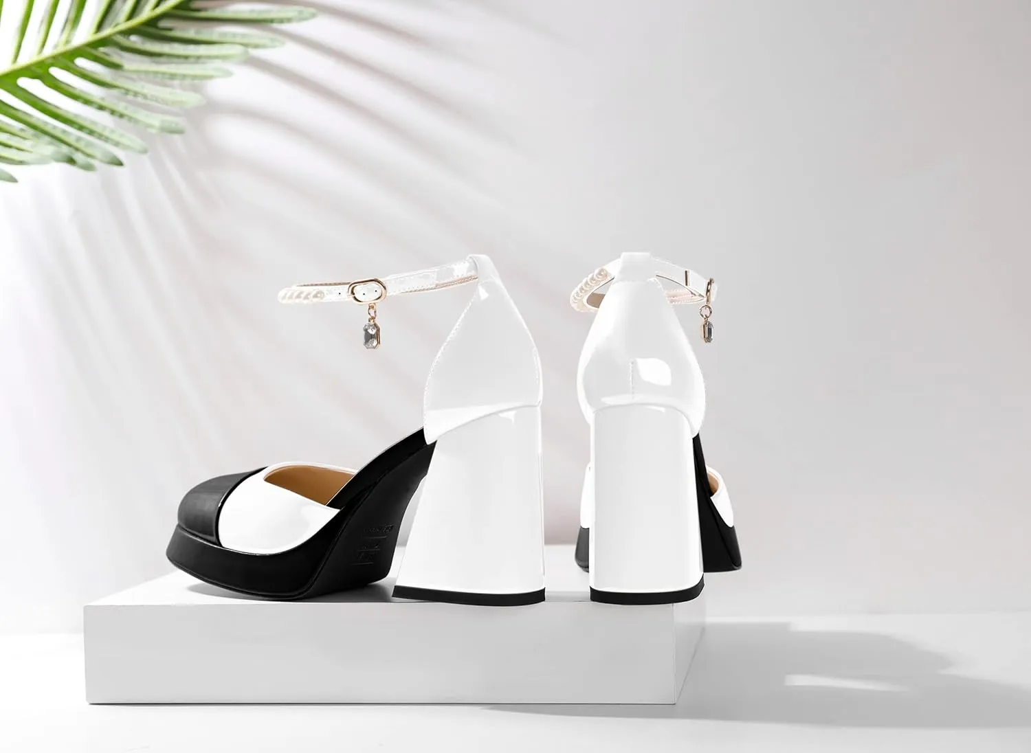 AUMOTED Women Chunky High Heels Platform Block Heels Closed Round Toe Pumps with Pearl Ankle Strap Patent Fashion Ladies Pumps Sandals 4 Inch