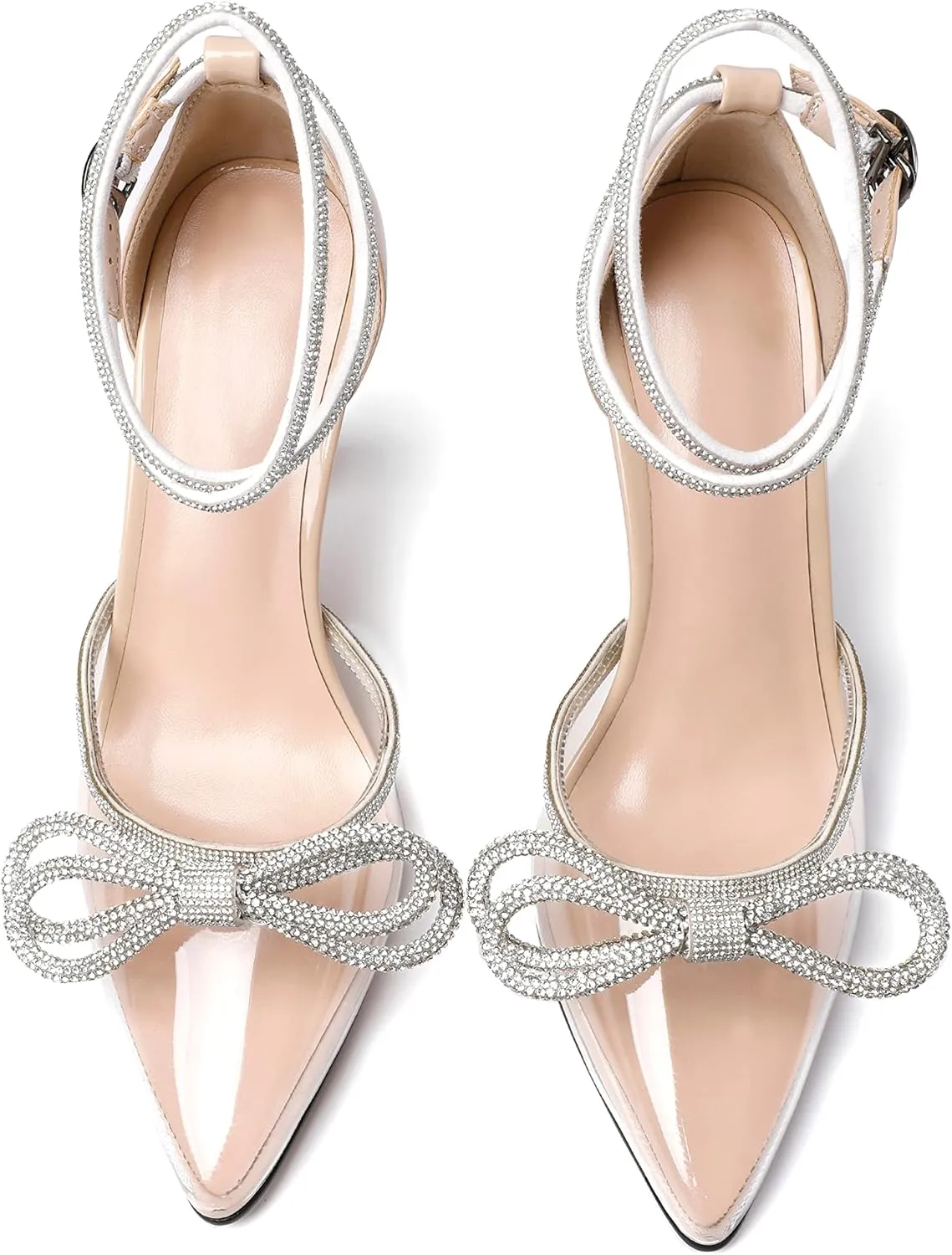 AUMOTED Women Slingback Clear Pumps Pointed Toe Metallic Stiletto High Heel Rhinestone Pumps Ankle Strap Dress Shoes Wedding 3.5 Inch