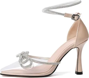 AUMOTED Women Slingback Clear Pumps Pointed Toe Metallic Stiletto High Heel Rhinestone Pumps Ankle Strap Dress Shoes Wedding 3.5 Inch