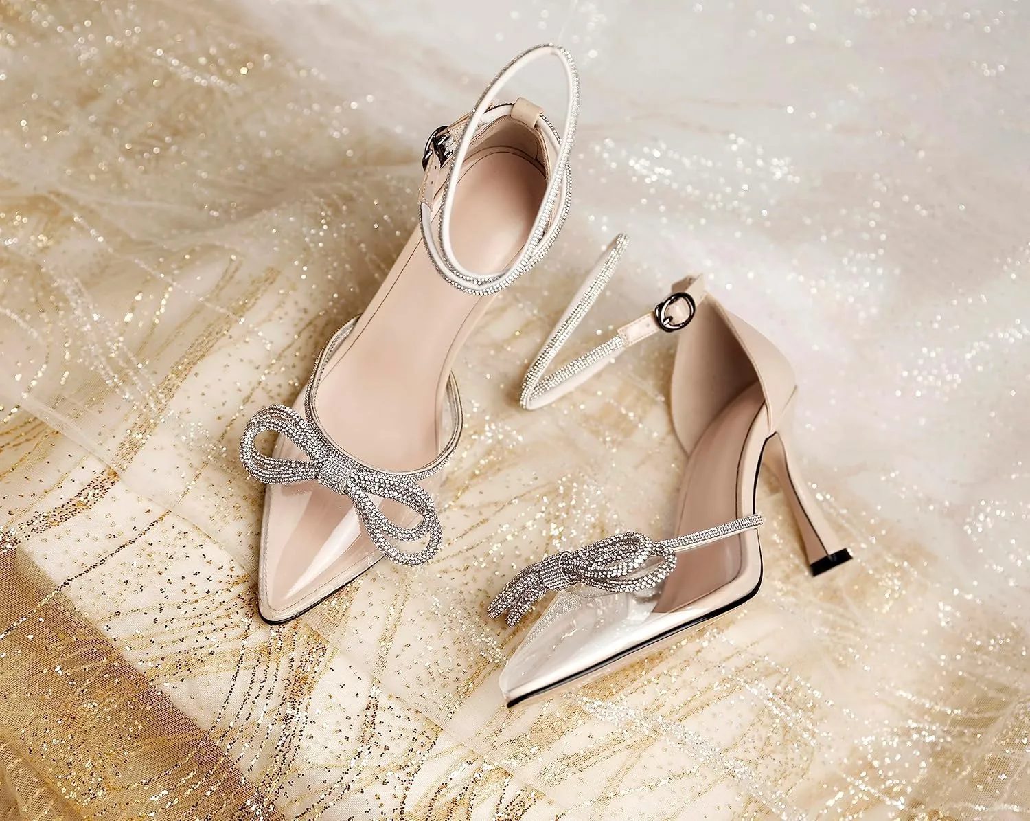 AUMOTED Women Slingback Clear Pumps Pointed Toe Metallic Stiletto High Heel Rhinestone Pumps Ankle Strap Dress Shoes Wedding 3.5 Inch