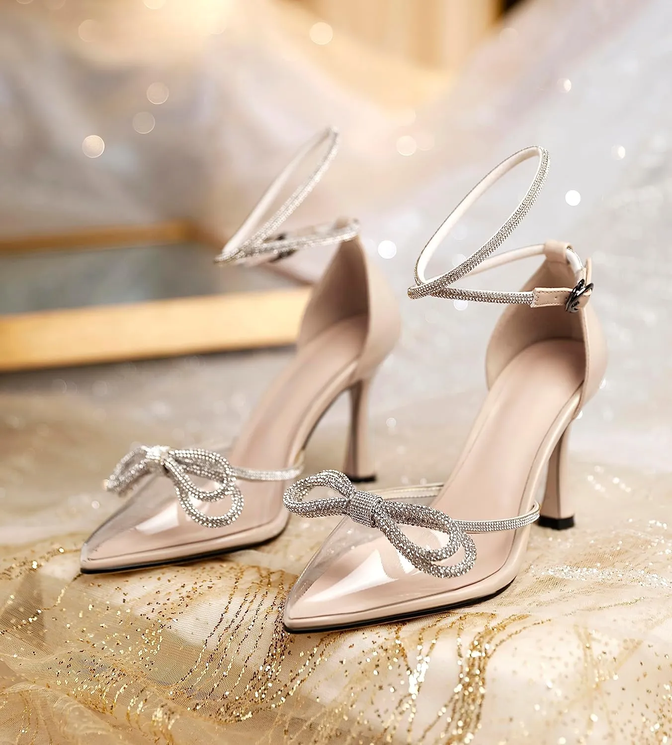 AUMOTED Women Slingback Clear Pumps Pointed Toe Metallic Stiletto High Heel Rhinestone Pumps Ankle Strap Dress Shoes Wedding 3.5 Inch