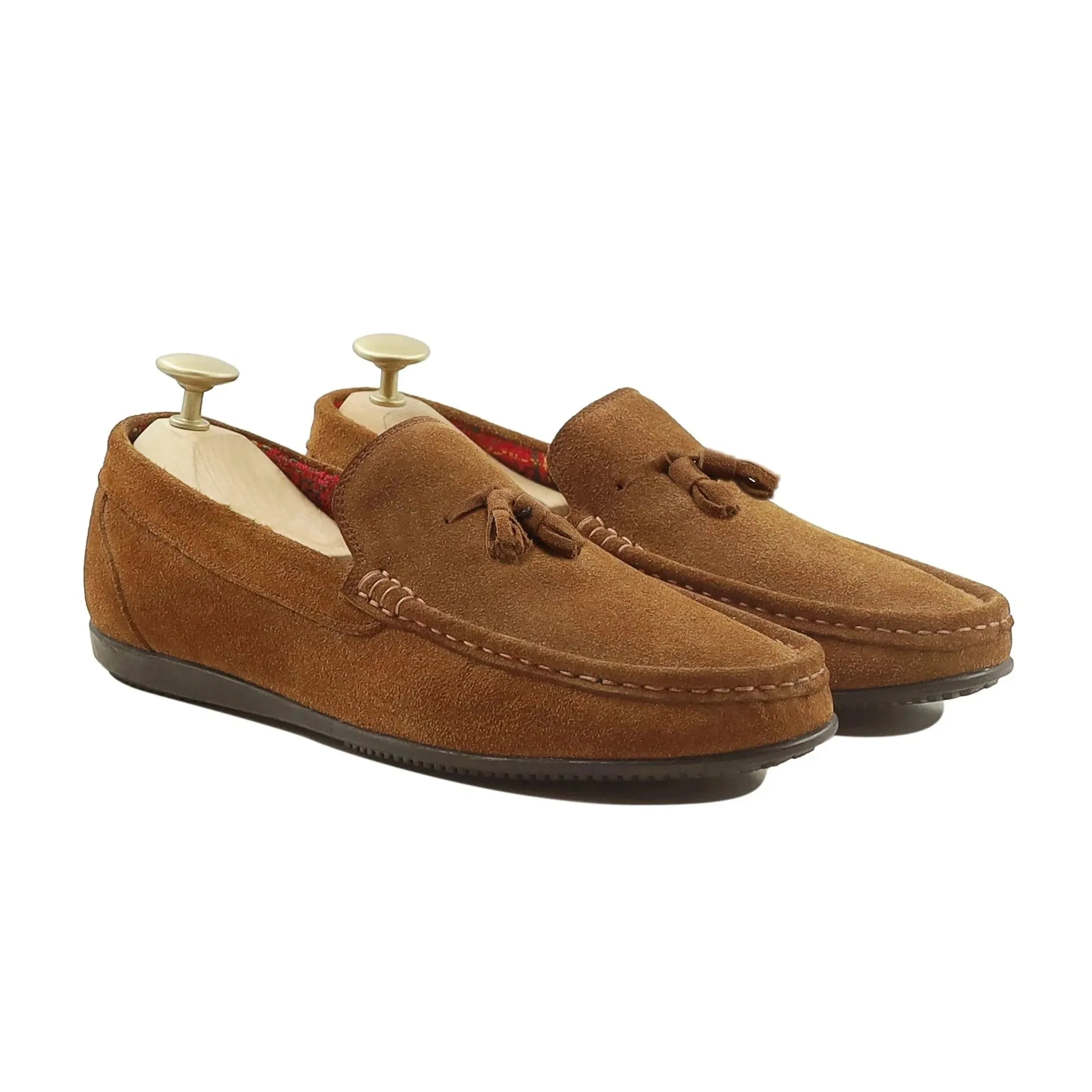 Bespoke Men's Suede Leather Cognac Tussel Loafer