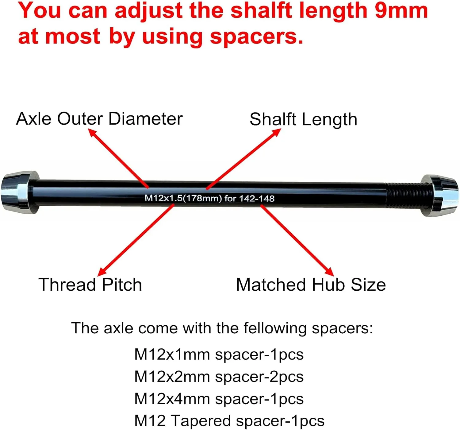 Bike Trainer Thru Axle Adapter 12MM Axle 1.0/1.5/1.75 Thread Pitch Multiple Length