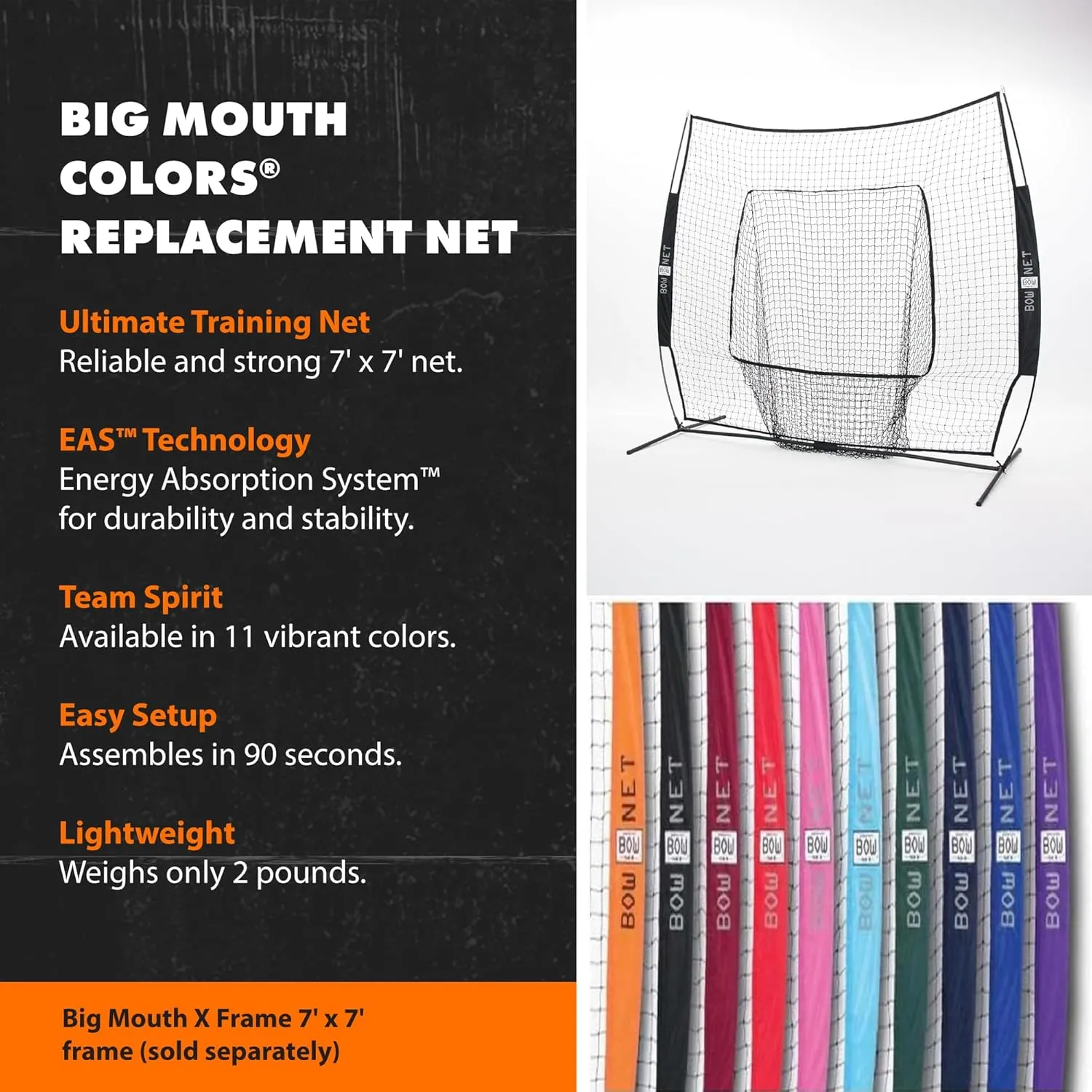 Bownet Big Mouth Colors Replacement Net 7' x 7' Inches Training Net - NET ONLY - Fits Original 7 x 7 Frame or Big Mouth X Frame