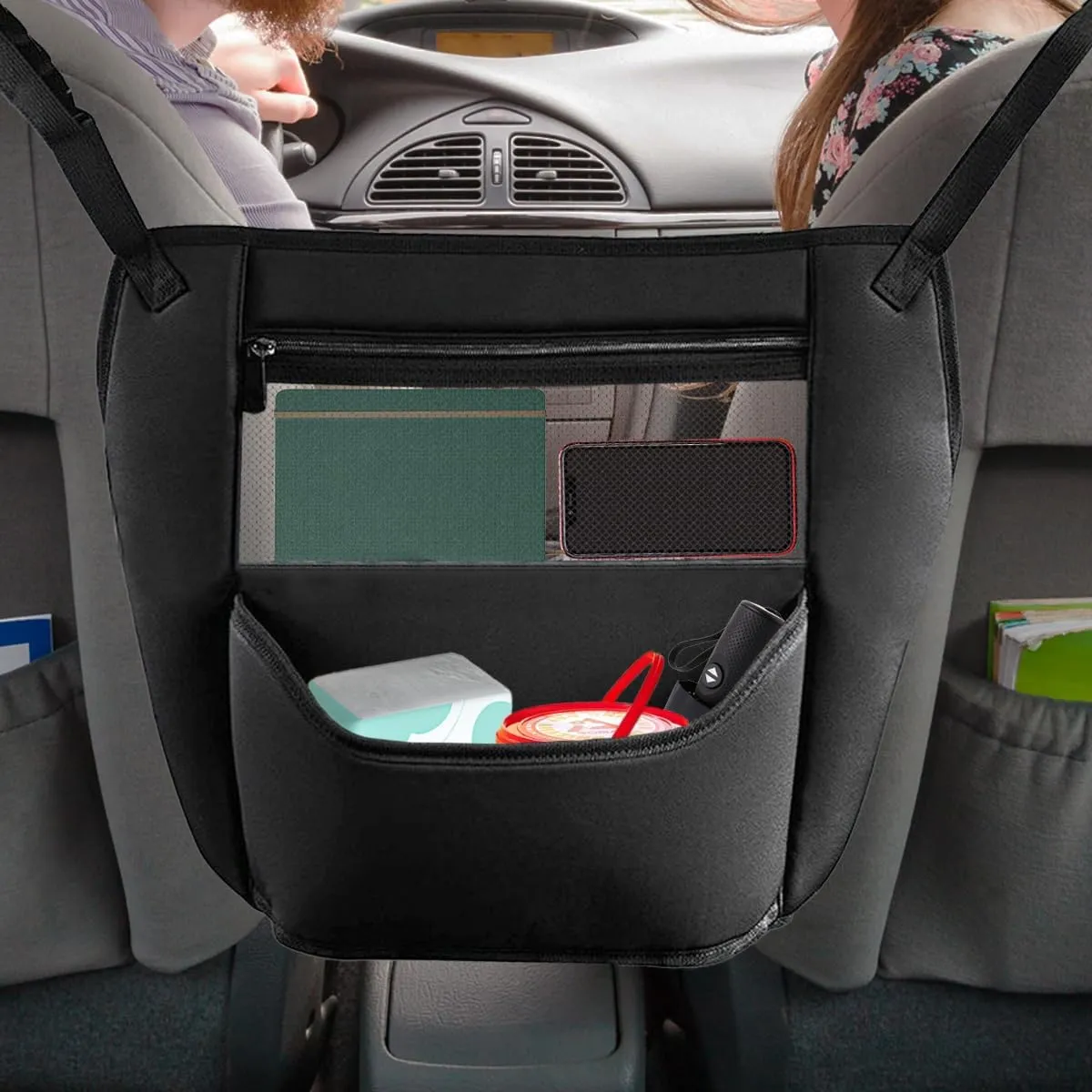 Car Net Pocket Handbag Holder Between Seats - Large Capacity Storage Bag Auto Purse & Tissue Holder for Front Seats Center Console - Leather Car Pocket Organizer Backseat Barrier for Kids Pet