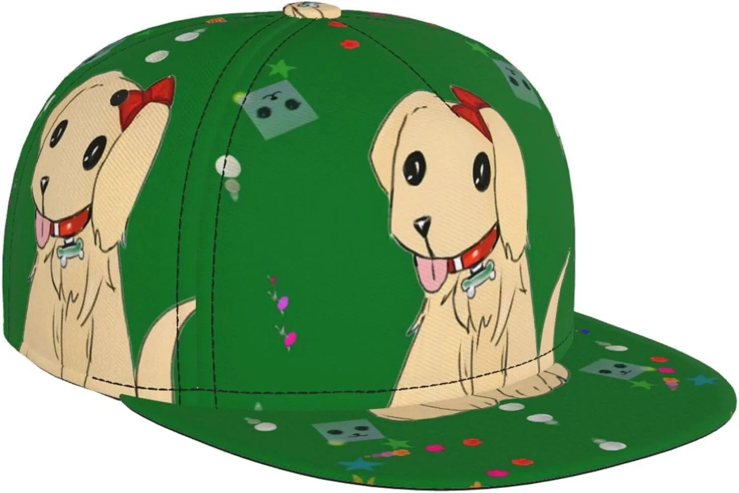 Cartoon Dog on Grass Outdoor Sports Baseball Cap, Daily Sports Adjustable Fashionable Flat Brim hat, Unisex Four-Season Outdoor Sports Cap, Black