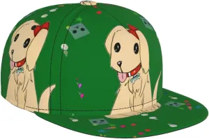 Cartoon Dog on Grass Outdoor Sports Baseball Cap, Daily Sports Adjustable Fashionable Flat Brim hat, Unisex Four-Season Outdoor Sports Cap, Black