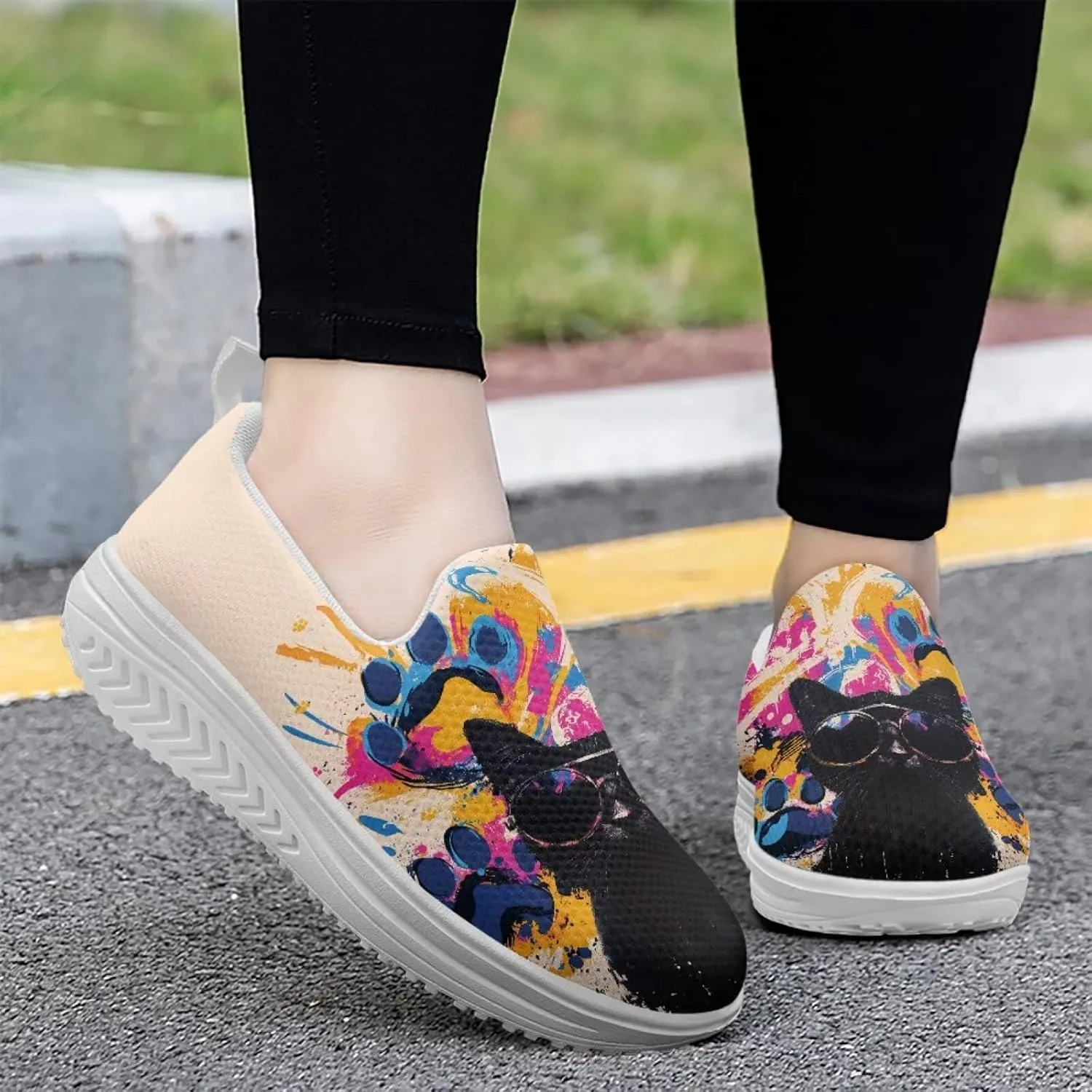 Cat Pattern Walking Shoes Women Platform Loafers Casual Non-Slip Running Sneakers for Travel Gym Hiking