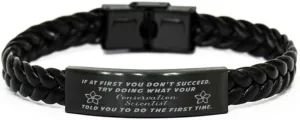 Conservation Scientist Braided Leather Bracelet, If at first you don't succeed, try doing what your athletic trainer told you to do the first time., Laser Engraved, Stainless Steel Wristband