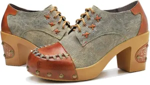 CrazycatZ Leather Pumps,Womens Colorful Vintage Block Heel Shoes