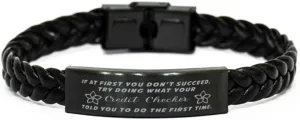Credit Checker Braided Leather Bracelet, If at first you don't succeed, try doing what your athletic trainer told you to do the first time., Laser Engraved, Stainless Steel Wristband
