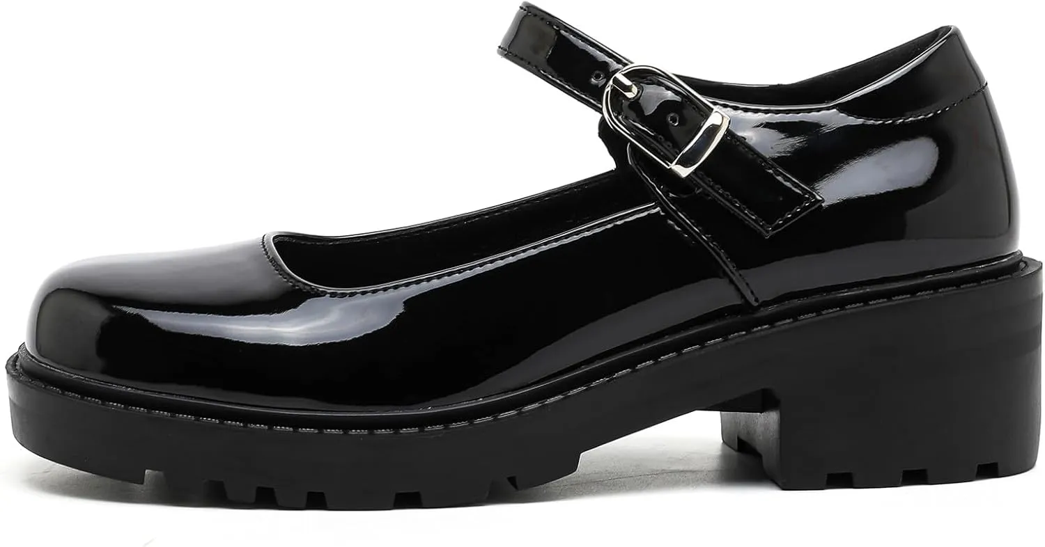DADAWEN Women's Mary Jane Shoes Platform Oxford Shoes Leather Round Toe Chunky Heel Non-Slip Comfort Casual Dressy Girls School Work Shoes