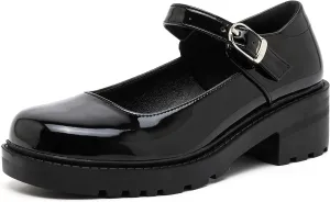 DADAWEN Women's Mary Jane Shoes Platform Oxford Shoes Leather Round Toe Chunky Heel Non-Slip Comfort Casual Dressy Girls School Work Shoes