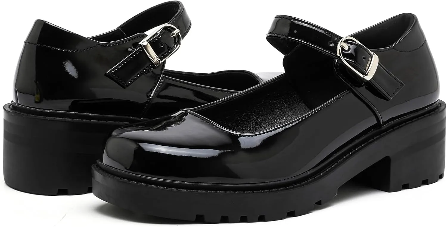 DADAWEN Women's Mary Jane Shoes Platform Oxford Shoes Leather Round Toe Chunky Heel Non-Slip Comfort Casual Dressy Girls School Work Shoes