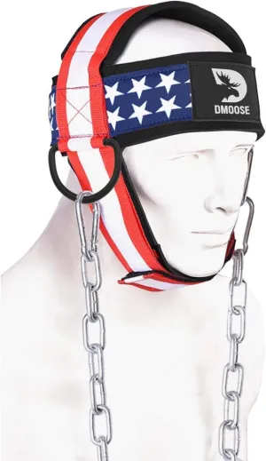 DMoose Fitness Neck Harness for Weight Lifting - Adjustable Head & Chin Strap with 30" Heavy Duty Steel Chain - Neck Exerciser, Trainer & Strengthener to Support Injury Recovery & Intense Workouts