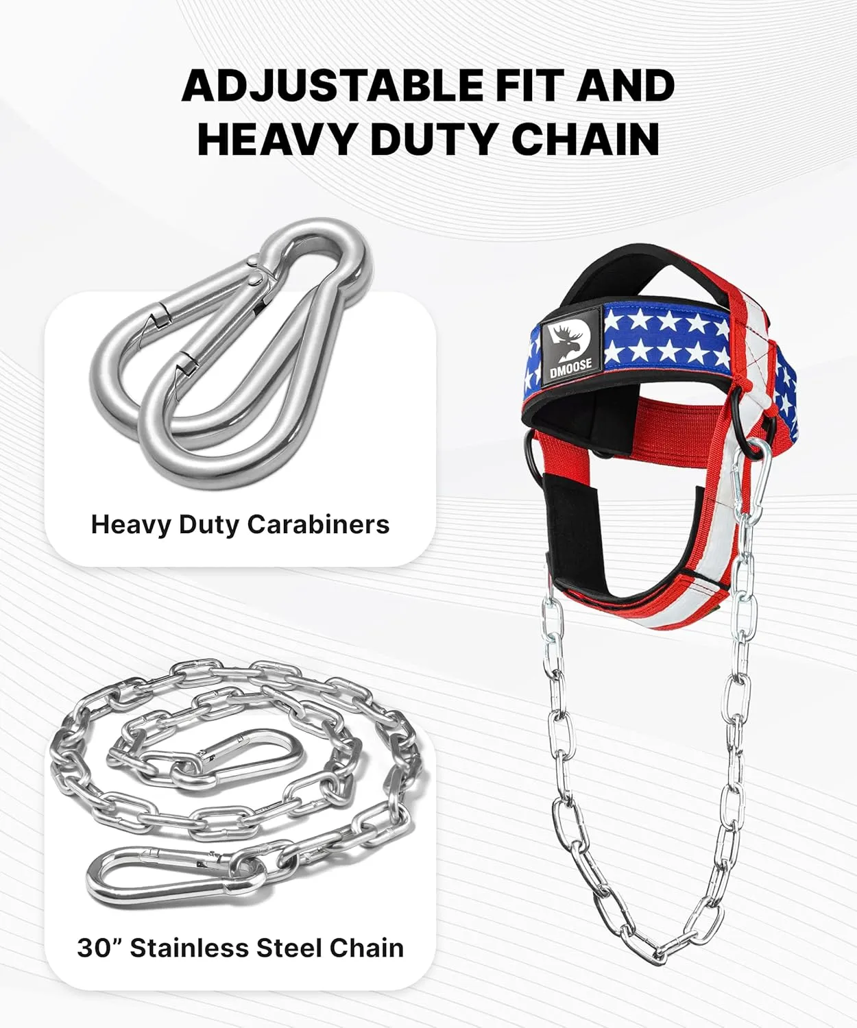 DMoose Fitness Neck Harness for Weight Lifting - Adjustable Head & Chin Strap with 30" Heavy Duty Steel Chain - Neck Exerciser, Trainer & Strengthener to Support Injury Recovery & Intense Workouts