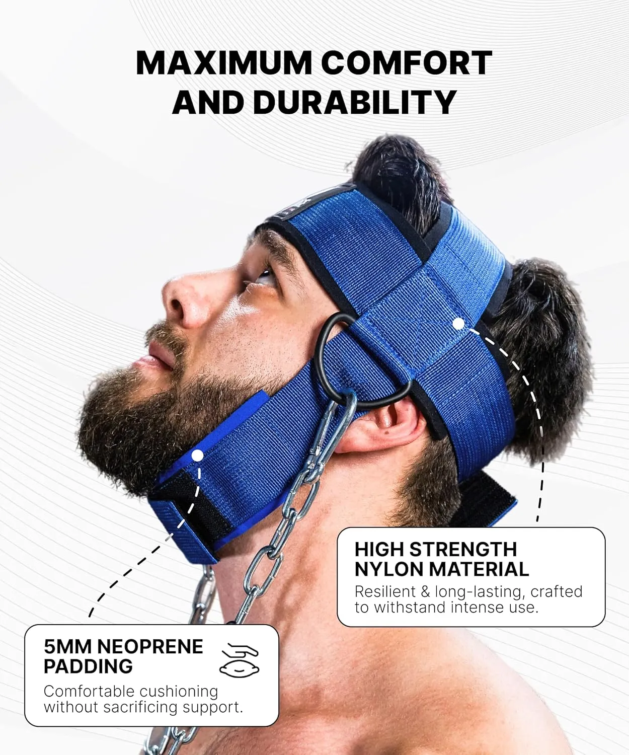 DMoose Fitness Neck Harness for Weight Lifting - Adjustable Head & Chin Strap with 30" Heavy Duty Steel Chain - Neck Exerciser, Trainer & Strengthener to Support Injury Recovery & Intense Workouts