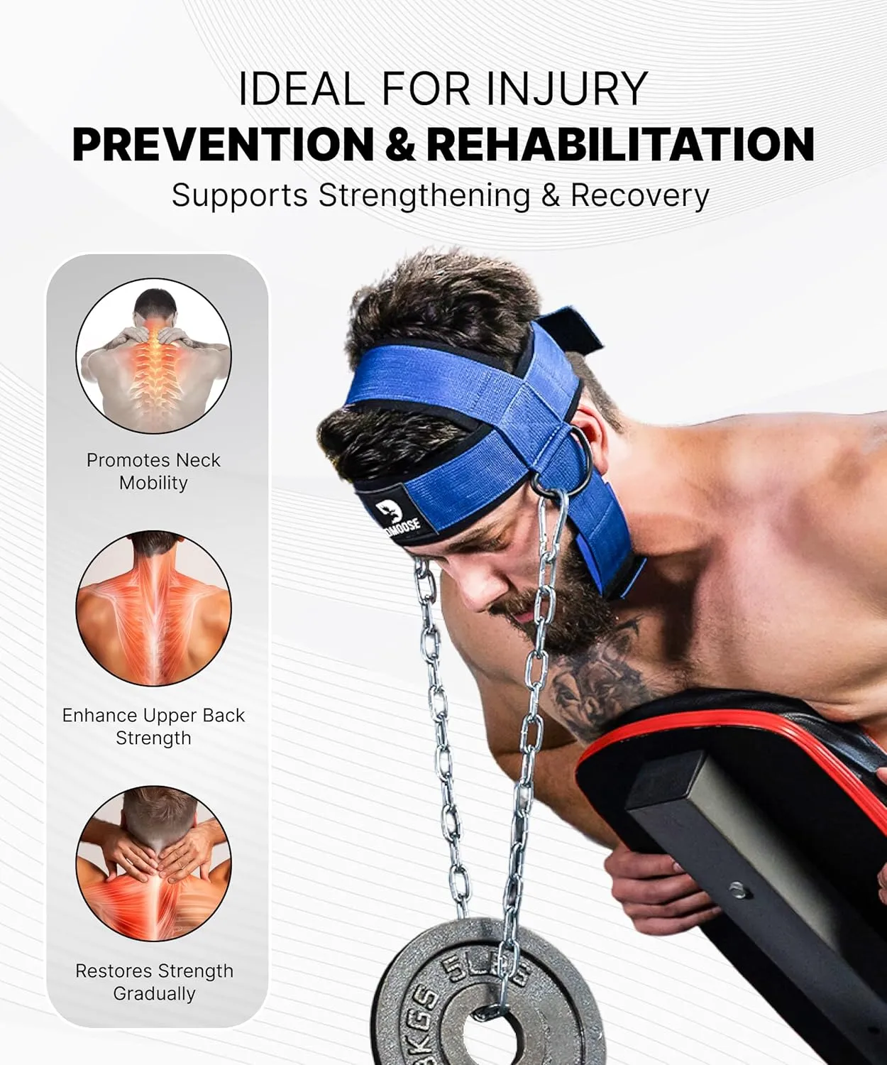 DMoose Fitness Neck Harness for Weight Lifting - Adjustable Head & Chin Strap with 30" Heavy Duty Steel Chain - Neck Exerciser, Trainer & Strengthener to Support Injury Recovery & Intense Workouts