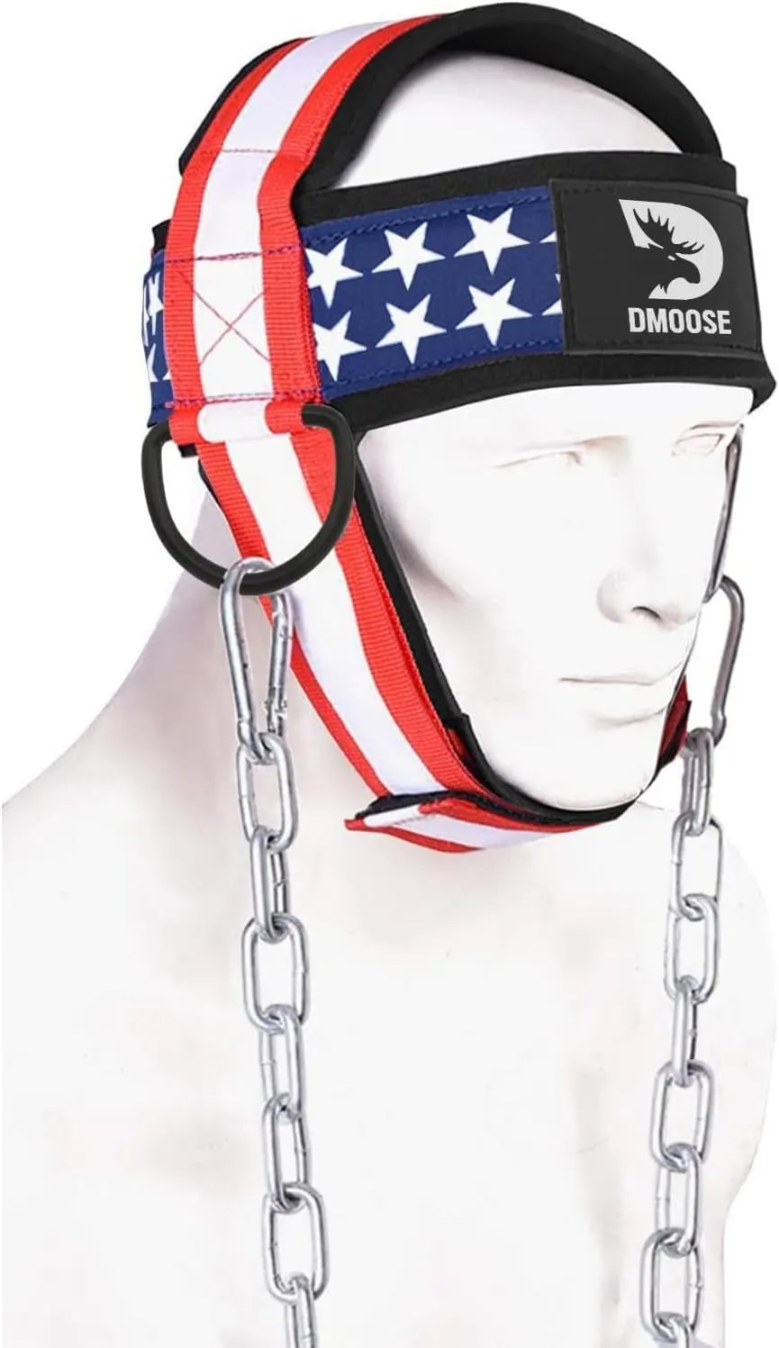 DMoose Fitness Neck Harness for Weight Lifting - Adjustable Head & Chin Strap with 30" Heavy Duty Steel Chain - Neck Exerciser, Trainer & Strengthener to Support Injury Recovery & Intense Workouts