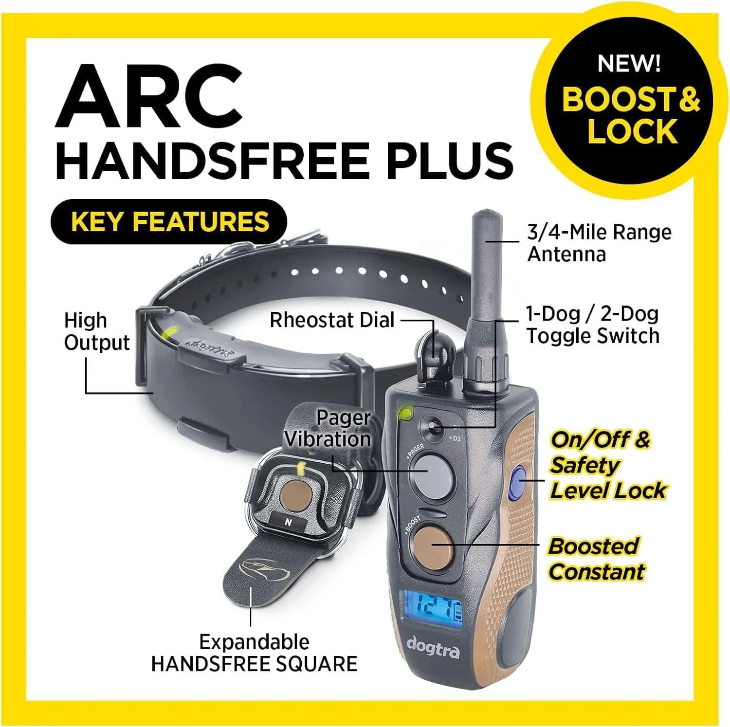 Dogtra ARC HANDSFREE Plus Boost and Lock, Remote Dog Training E-Collar, HANDSFREE Square for Discreet Control, Waterproof, Rechargeable, 3/4-Mile Range, 1 Dog Expandable System Medium, Large Dogs