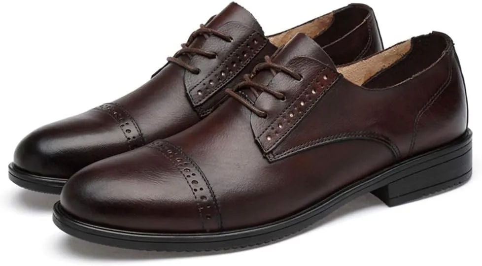 Dress Formal Shoes for Men Lace Up Cap Toe Derby Shoes Cowhide Block Heel Anti-Slip Non Slip Low Top Slip Resistant Prom Suitable for Many Occasions