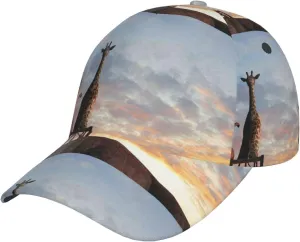 Elephant Giraffe On A Mountain Top Sunset Baseball Cap Adjustable Golf Dad Hat Trucker Hat for Men and Women Curved Brim Snapback Cap Black