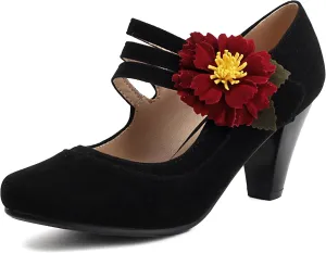 Elerhythm Women's Mary Jane Flower Ankle Strap Vintage Heels 1920s Pumps Closed Round Toe 1950s Victorian Retro Shoes