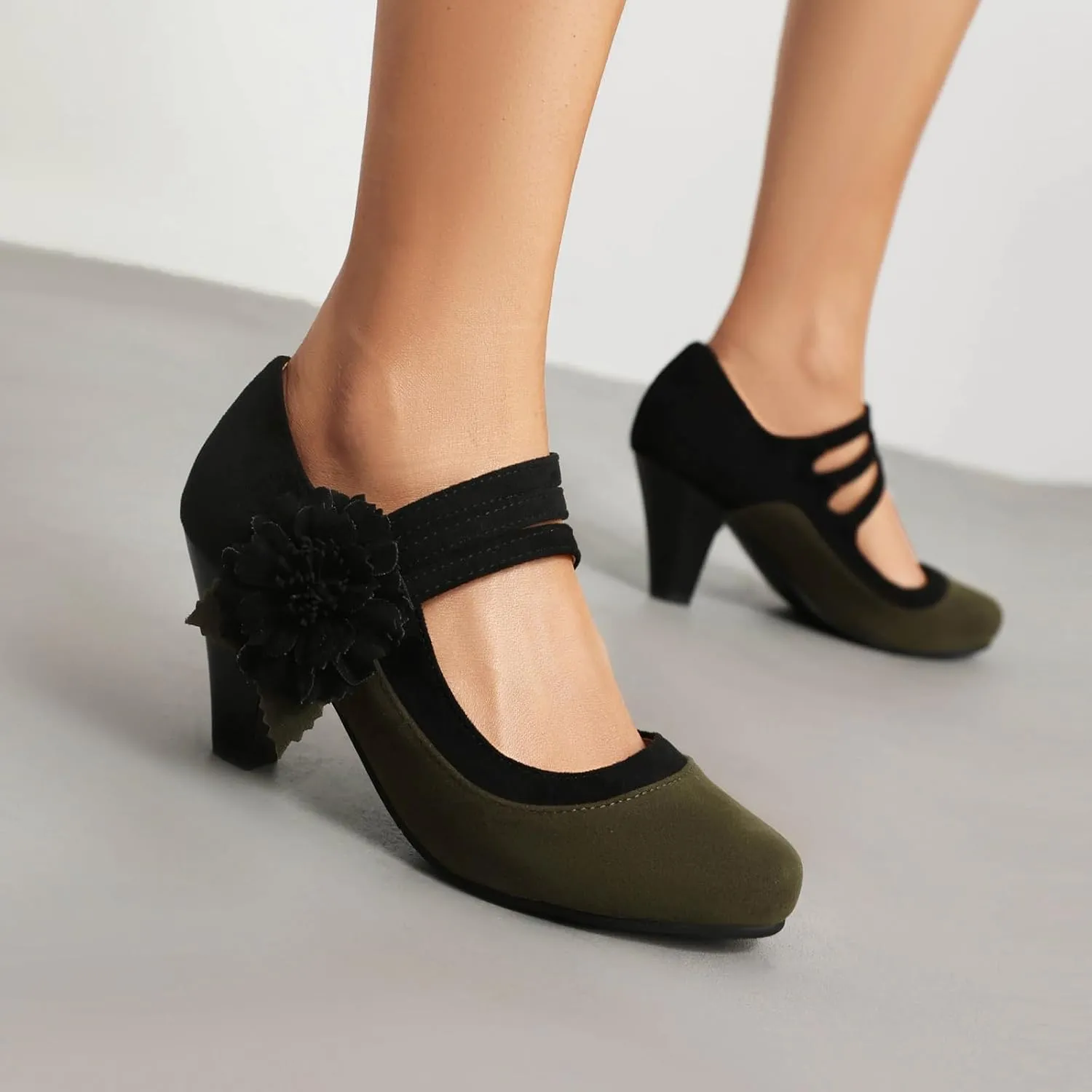 Elerhythm Women's Mary Jane Flower Ankle Strap Vintage Heels 1920s Pumps Closed Round Toe 1950s Victorian Retro Shoes