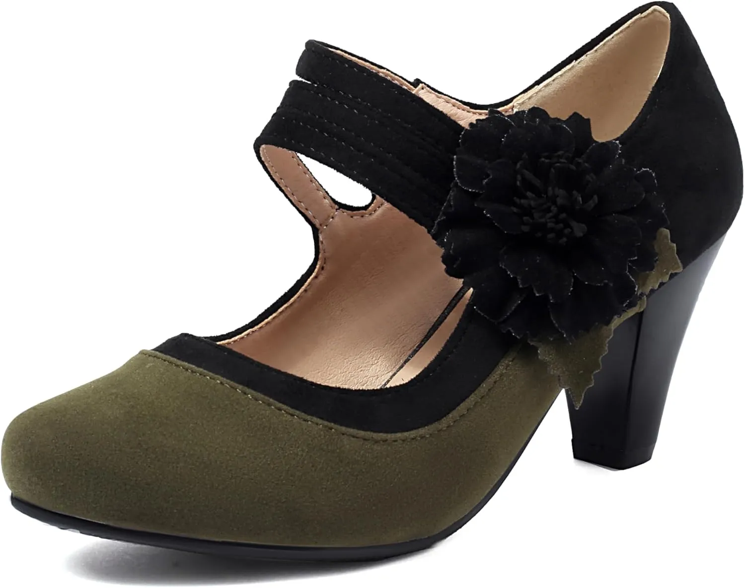 Elerhythm Women's Mary Jane Flower Ankle Strap Vintage Heels 1920s Pumps Closed Round Toe 1950s Victorian Retro Shoes