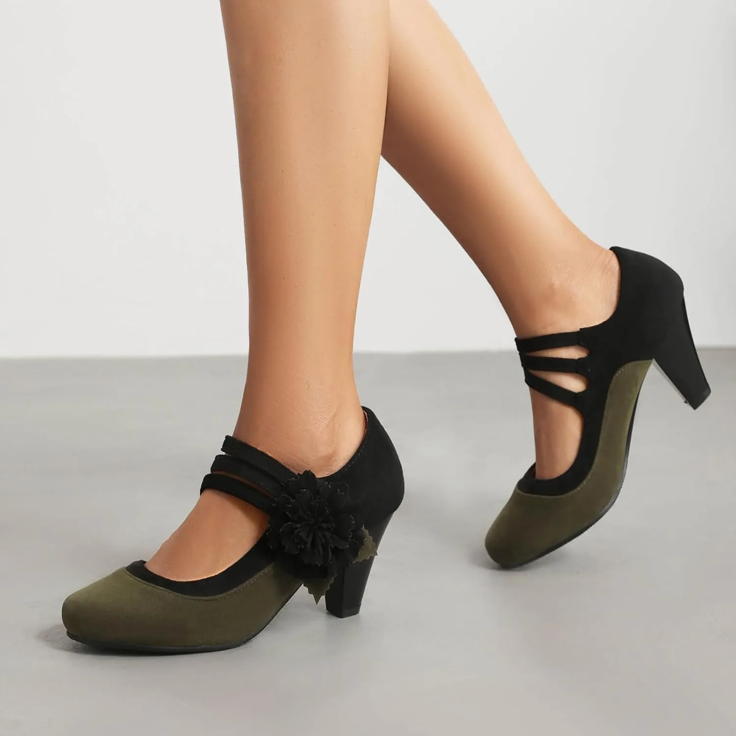 Elerhythm Women's Mary Jane Flower Ankle Strap Vintage Heels 1920s Pumps Closed Round Toe 1950s Victorian Retro Shoes