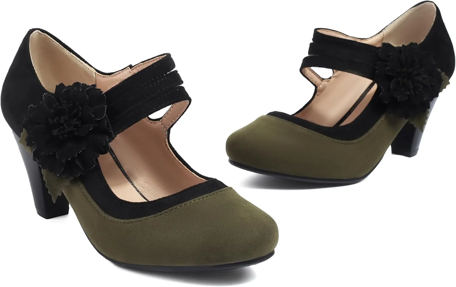 Elerhythm Women's Mary Jane Flower Ankle Strap Vintage Heels 1920s Pumps Closed Round Toe 1950s Victorian Retro Shoes