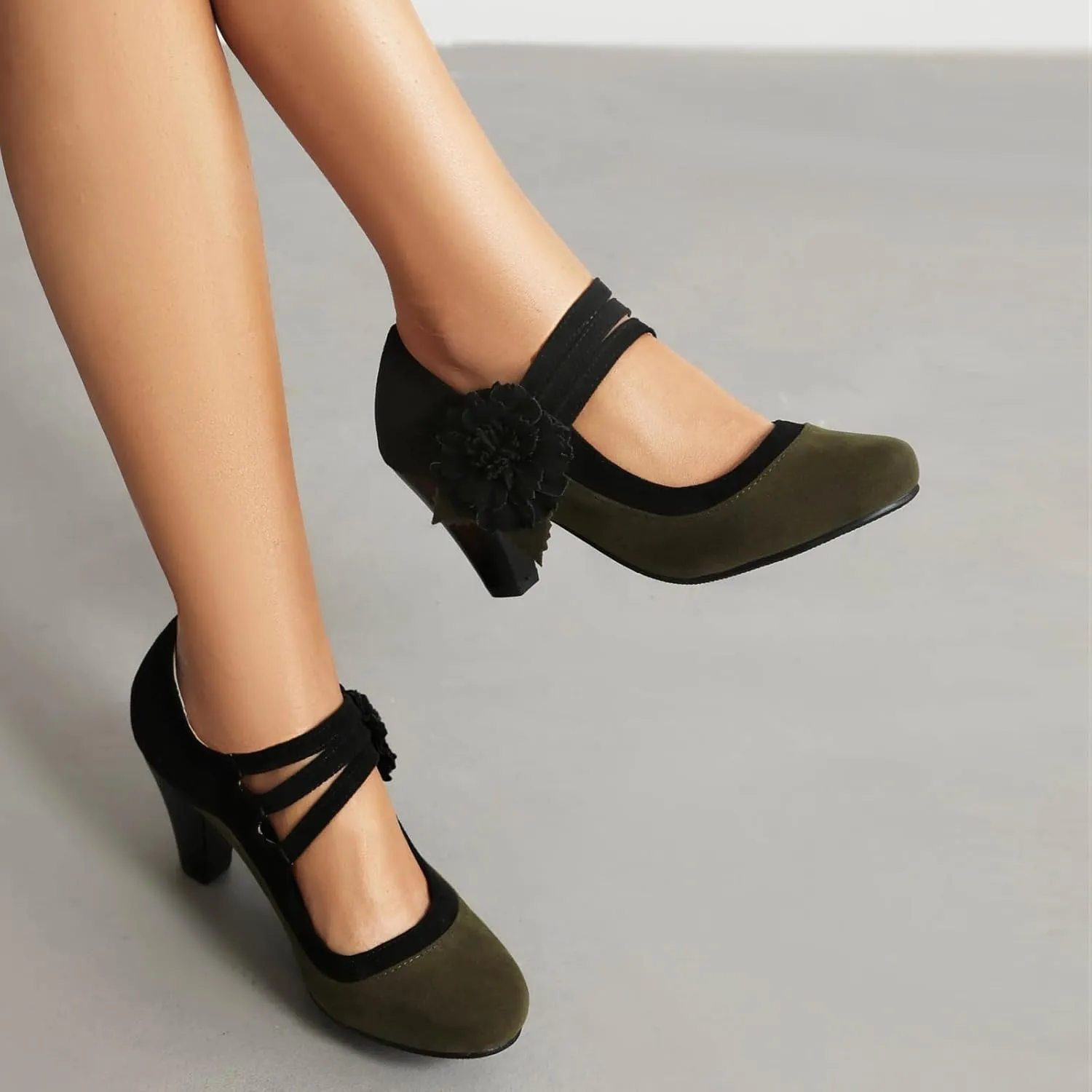 Elerhythm Women's Mary Jane Flower Ankle Strap Vintage Heels 1920s Pumps Closed Round Toe 1950s Victorian Retro Shoes