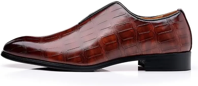 Formal Shoes Dress Oxford for Men Slip On Pointed Burnished Toe Stone Pattern Oxford Shoes Slip Resistant Low Top Block Heel Anti-Slip Non Slip