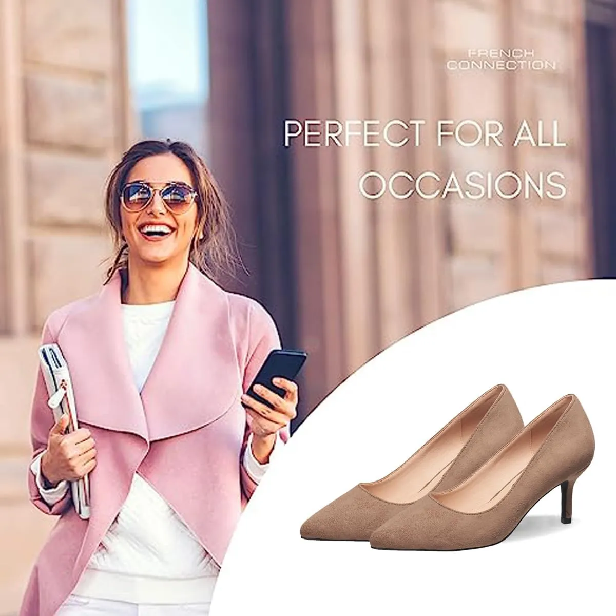 French Connection Kitten Heel Pumps for Women Closed Pointy Toe Slip-On Fashion Work Office Dress Shoes for Women