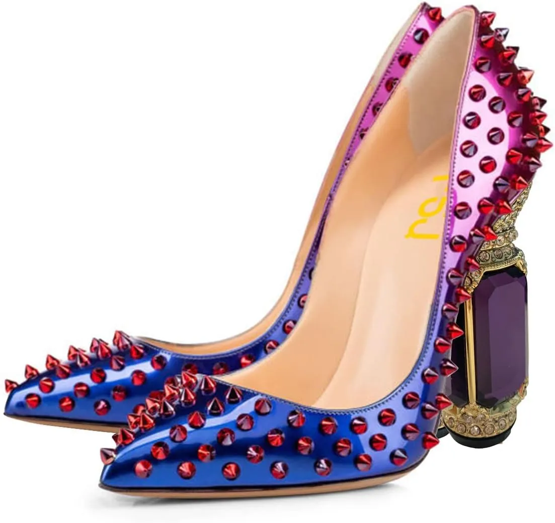 FSJ Women Sexy Studded Rivets Crystal Chunky High Heel Pumps Classic Closed Pointed Toe Slip On Basic Spikes Heel Ladies Party Wedding Shoes Size 4-16 US