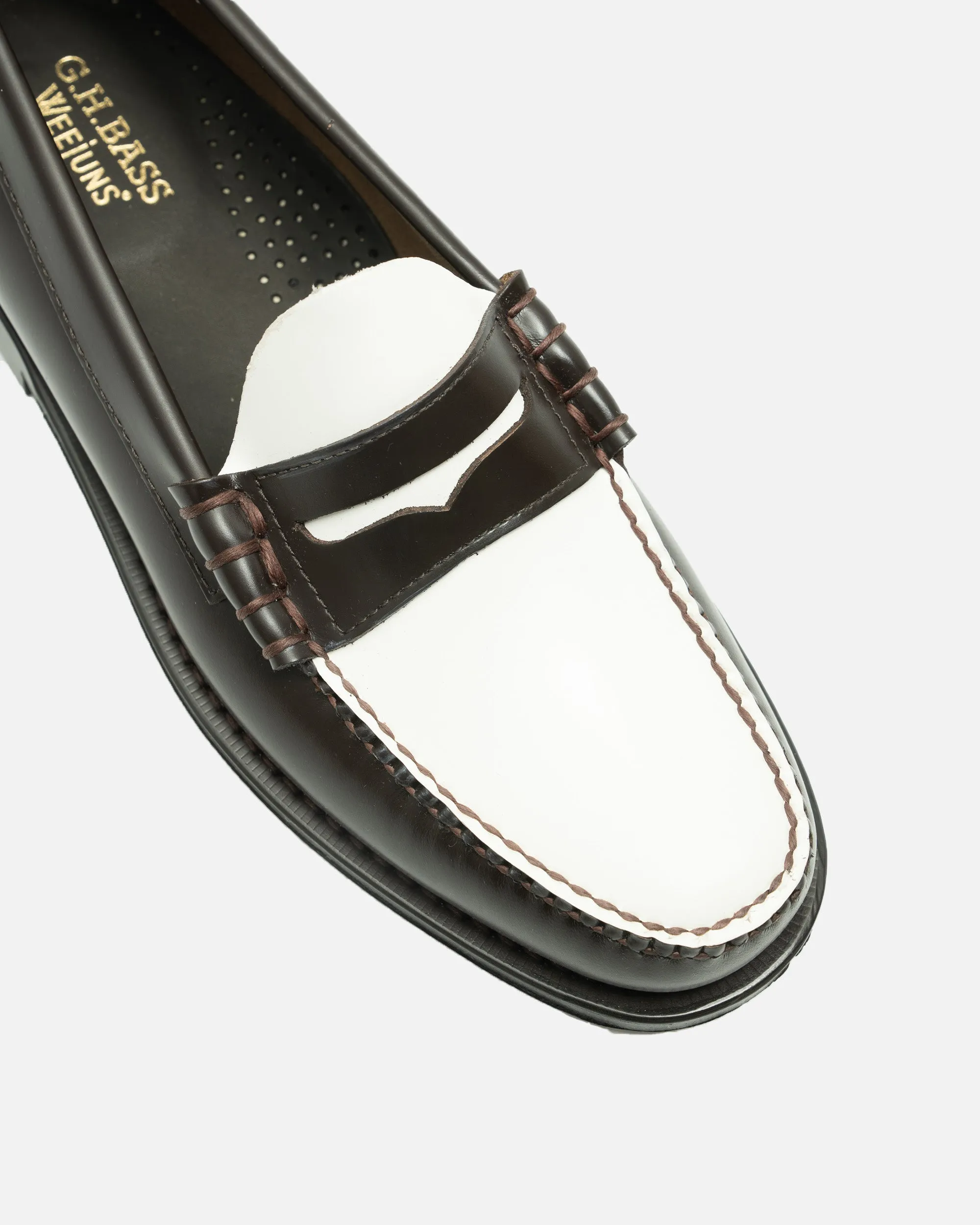 G.H. Bass WEEJUN HERITAGE Larson Moc Penny Loafer Dark Brown & White Leather