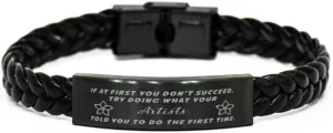 GIFTVILLE & SURPRISE Artists Braided Leather Bracelet, If at first you don't succeed, try doing what your athletic trainer told you to do the first time., Laser Engraved, Stainless Steel Wristband