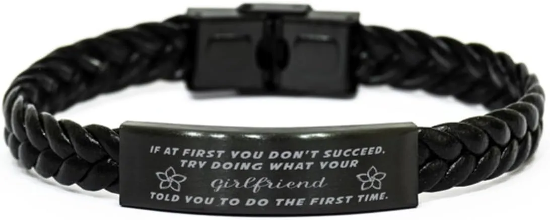 GIFTVILLE & SURPRISE Girlfriend Braided Leather Bracelet, If at first you don't succeed, try doing what your athletic trainer told you to do the first time., Laser Engraved, Stainless Steel Wristband